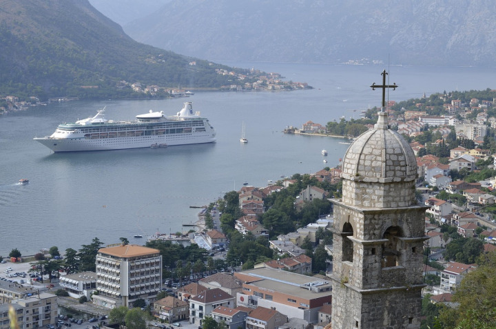 Kotor Old Town from the sea — view from a above 